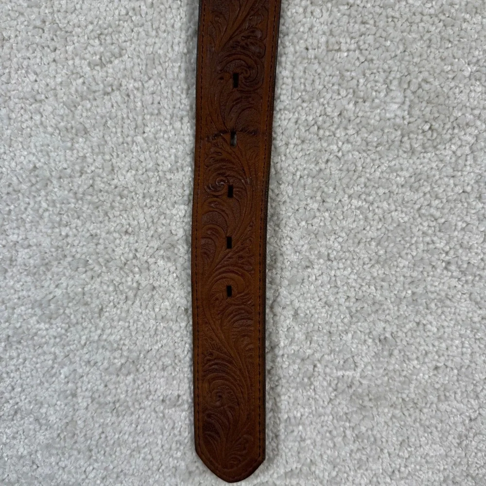 Justin Belt Mens 36 Brown Scroll Tooled Leather Western Cowboy Silver Buckle‎